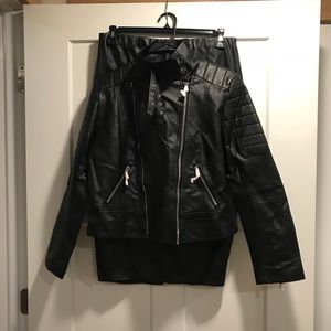 Black Faux Leather Moto Jacket w/ Matching Skirt